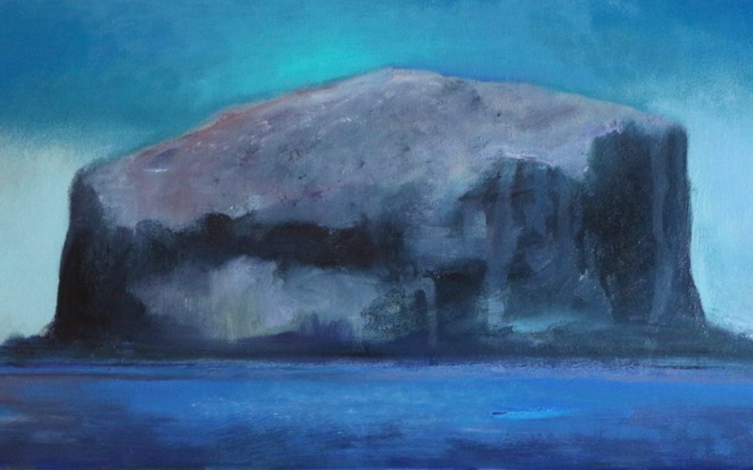 Painting of the Bass Rock titled The Approach